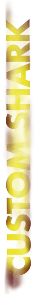 Napis Custom Shark w kolorze żółtej tabliczki ostrzegające przed rekinami, z lekką domieszką krwawej czerwieni.